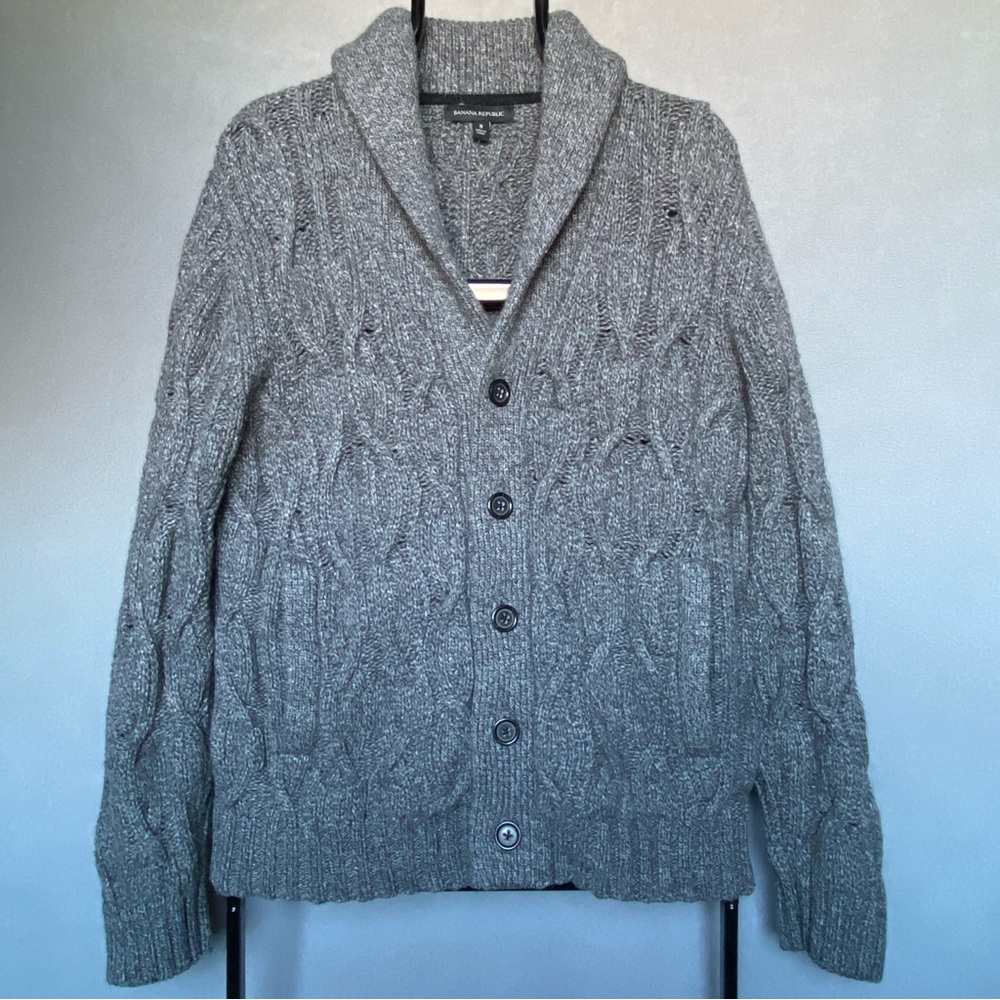 Banana Republic Merino Wool Blend Cardigan Sweater Cable Knit Gray Shawl Men’s S